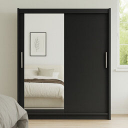 Bega Vi 180 Cm Sliding Doors Wardrobe With Mirror Hanging Rail And Shelves Black - thumbnail 1