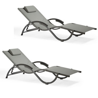 Vonhaus Folding Sunlounger Set Of 2, Weather Resistant Textilene Garden Sun Lounger, Padded Headrest & Curved Powder Coated Frame