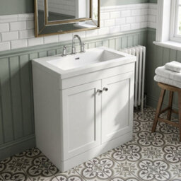 Balterley Swynnerton Traditional 2 Door Floor Standing Vanity Unit With Fireclay Basin, Satin White, 800mm - thumbnail 3