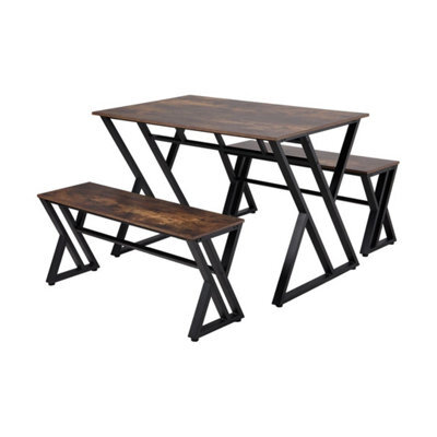 Industrial Wooden Kitchen Table Set With 2 Bench, Dining Table Set Dining Room - image 1