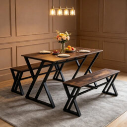 Industrial Wooden Kitchen Table Set With 2 Bench, Dining Table Set Dining Room - thumbnail 6