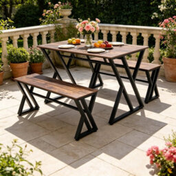Industrial Wooden Kitchen Table Set With 2 Bench, Dining Table Set Dining Room - thumbnail 4