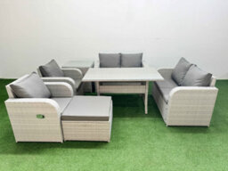 Fimous 7 Seater Outdoor Reclining Chair Love Sofa Set Rattan Garden Furniture Set Footstool Side Table Light Grey - thumbnail 1