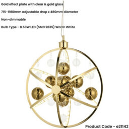 Loops Hanging Ceiling Pendant Light - Gold Effect Plate With Clear & Gold Glass - 8.53W Led (Smd 2835) Warm White - thumbnail 2
