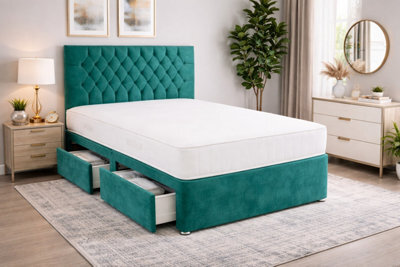 Comfy Deluxe Emerald Green Coniston 4Ft Small Double Bed Set With Orthopaedic Mattress And Headboard 2 Drawers One On Each Side