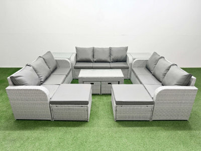 Fimous Outdoor Garden Furniture Set Pe Rattan 3 Seater Sofa Set With Oblong Coffee Table 4 Footstools 2 Side Tables Light Grey - image 1