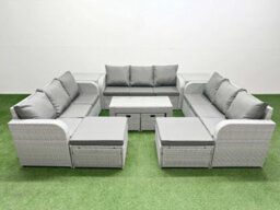 Fimous Outdoor Garden Furniture Set Pe Rattan 3 Seater Sofa Set With Oblong Coffee Table 4 Footstools 2 Side Tables Light Grey - thumbnail 1
