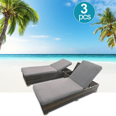 3 Pieces Rattan Sun Lounger Set, 2 Rattan Lounger With Cushion + Storage Rattan Table, Backrest Adjustable - Gray - image 1