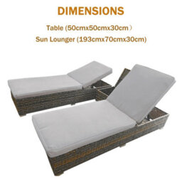 3 Pieces Rattan Sun Lounger Set, 2 Rattan Lounger With Cushion + Storage Rattan Table, Backrest Adjustable - Gray - thumbnail 5