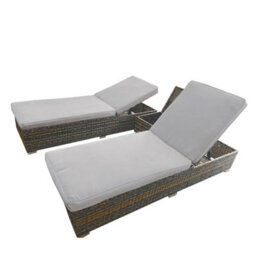 3 Pieces Rattan Sun Lounger Set, 2 Rattan Lounger With Cushion + Storage Rattan Table, Backrest Adjustable - Gray - thumbnail 2