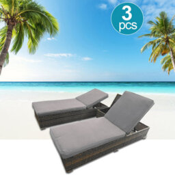 3 Pieces Rattan Sun Lounger Set, 2 Rattan Lounger With Cushion + Storage Rattan Table, Backrest Adjustable - Gray - thumbnail 1