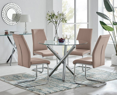 Furniturebox Uk Selina Round Glass And Chrome Metal Dining Table And 4 Cappuccino Beige Lorenzo Chairs Set - image 1