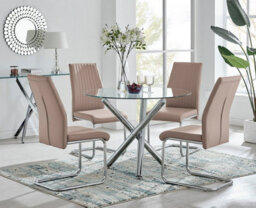 Furniturebox Uk Selina Round Glass And Chrome Metal Dining Table And 4 Cappuccino Beige Lorenzo Chairs Set