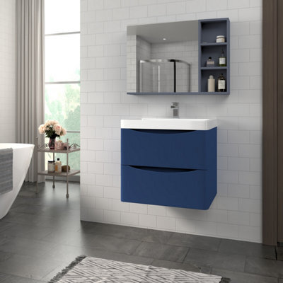 Rinse Bathrooms 600mm Matt Blue Wall Hung 2 Drawer Vanity Unit Basin Bathroom Storage Furniture - image 1