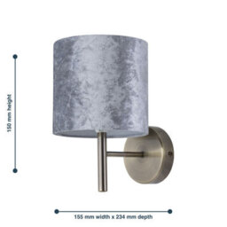 First Choice Lighting Brea - Antique Brass Wall Light With Grey Crushed Velvet Shade - thumbnail 5