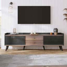 Abrihome Modern Tv Stand With Mixed Storage, 2 Drawers & 2 Sliding Doors, Black And Wood - thumbnail 1