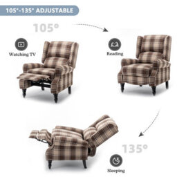 Wingback Recliner Armchair, Fabric Vintage Check Pushback Recliner Chair With Adjustable Backrest And Footrest - Brown - thumbnail 5