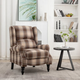 Wingback Recliner Armchair, Fabric Vintage Check Pushback Recliner Chair With Adjustable Backrest And Footrest - Brown - thumbnail 2