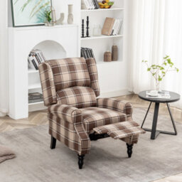Wingback Recliner Armchair, Fabric Vintage Check Pushback Recliner Chair With Adjustable Backrest And Footrest - Brown