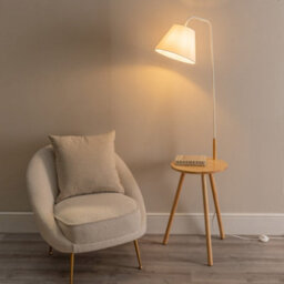 Valuelights Freja Large Wooden Floor Lamp With Fabric Tapered Shade And Coffee Table - thumbnail 2