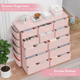 London Boutique Pink 12 Drawer Chest Of Drawers, Fabric Dresser With Side Pockets And Hooks, Bedroom Storage Unit, 99X30X110Cm - thumbnail 5