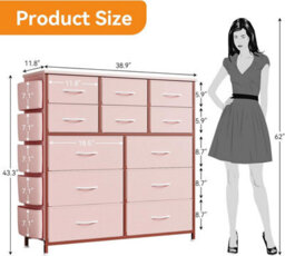 London Boutique Pink 12 Drawer Chest Of Drawers, Fabric Dresser With Side Pockets And Hooks, Bedroom Storage Unit, 99X30X110Cm - thumbnail 2