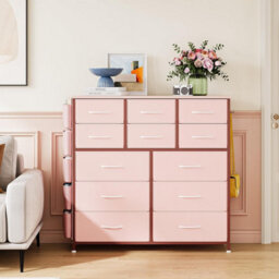 London Boutique Pink 12 Drawer Chest Of Drawers, Fabric Dresser With Side Pockets And Hooks, Bedroom Storage Unit, 99X30X110Cm - thumbnail 7