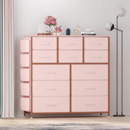 London Boutique Pink 12 Drawer Chest Of Drawers, Fabric Dresser With Side Pockets And Hooks, Bedroom Storage Unit, 99X30X110Cm