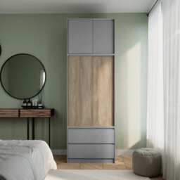 Urbn-Living Urbnliving 240Cm Height Grey Carcass With 2 Sliding Oak Doors Wardrobe Bedroom Storage Closet Hanging Rail Cupboard Unit - thumbnail 1