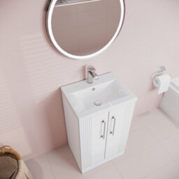 Balterley Belvide Partial Fluted 2 Door Floor Standing Vanity Unit With Mid-Edge 1 Tap Hole Ceramic Basin - 500mm - Satin White - thumbnail 5