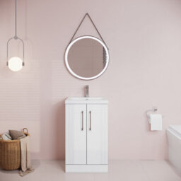 Balterley Belvide Partial Fluted 2 Door Floor Standing Vanity Unit With Mid-Edge 1 Tap Hole Ceramic Basin - 500mm - Satin White - thumbnail 2
