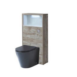 Homestylestore 600mm Light Oak Floorstanding Bathroom Wc Unit Led Lit Shelf Graphite Toilet And Chrome Flush Button - thumbnail 1