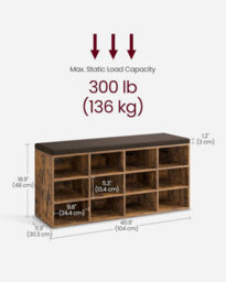 Songmics Storage Bench, Hallway Furniture, Padded Seat, With Cushion, 12 Compartments, Adjustable Shelves, Rustic Brown - thumbnail 2