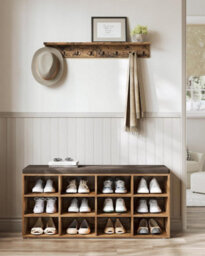 Storage Bench, Hallway Furniture, Padded Seat, With Cushion, 12 Compartments, Adjustable Shelves, Rustic Brown