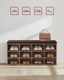 Songmics Storage Bench, Hallway Furniture, Padded Seat, With Cushion, 12 Compartments, Adjustable Shelves, Rustic Brown - thumbnail 6