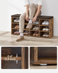 Songmics Storage Bench, Hallway Furniture, Padded Seat, With Cushion, 12 Compartments, Adjustable Shelves, Rustic Brown - thumbnail 5