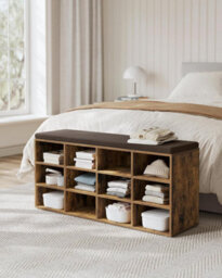 Songmics Storage Bench, Hallway Furniture, Padded Seat, With Cushion, 12 Compartments, Adjustable Shelves, Rustic Brown - thumbnail 4