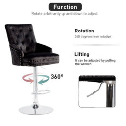 Fativo 1Pcs Luxury Velvet Bar Stool Swivel Lion Knocker & Cross Stitch High Back Black Height Adjustable106-127 Cm H - thumbnail 5