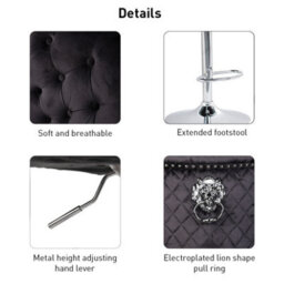 Fativo 1Pcs Luxury Velvet Bar Stool Swivel Lion Knocker & Cross Stitch High Back Black Height Adjustable106-127 Cm H - thumbnail 4