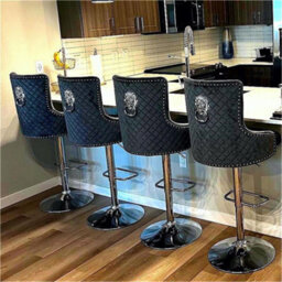 Fativo 1Pcs Luxury Velvet Bar Stool Swivel Lion Knocker & Cross Stitch High Back Black Height Adjustable106-127 Cm H