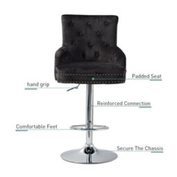 Fativo 1Pcs Luxury Velvet Bar Stool Swivel Lion Knocker & Cross Stitch High Back Black Height Adjustable106-127 Cm H - thumbnail 3