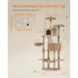 Songmics Large Cat Activity Tower, Tall Feline Condo With Scratching Posts, Caves, Hammock, Camel Brown - thumbnail 2