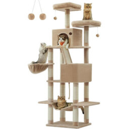 Songmics Large Cat Activity Tower, Tall Feline Condo With Scratching Posts, Caves, Hammock, Camel Brown - thumbnail 6