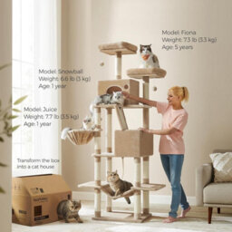 Large Cat Activity Tower, Tall Feline Condo With Scratching Posts, Caves, Hammock, Camel Brown