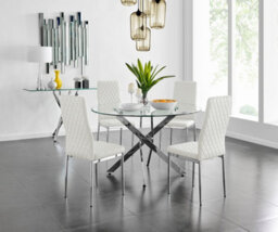 Furniturebox Novara Clear Tempered Glass 120Cm Round Dining Table With Chrome Starburst Legs & 4 White Milan Faux Leather Chairs - thumbnail 1