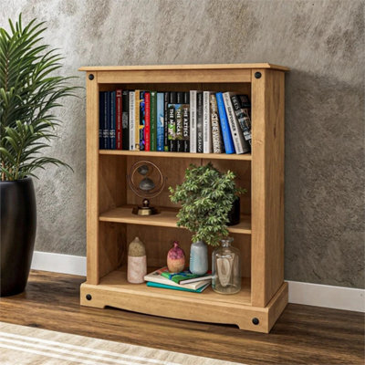 Bookcase 3 Shelf Small Low Storage Living Room Waxed Pine - image 1