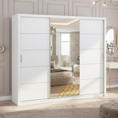 Large Bono Sz250 White Wardrobe With Sliding Doors And Mirror Stylish Practical Bedroom Storage - image 1