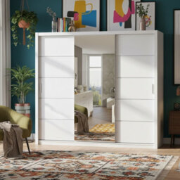 Large Bono Sz250 White Wardrobe With Sliding Doors And Mirror Stylish Practical Bedroom Storage - thumbnail 3