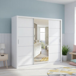 Large Bono Sz250 White Wardrobe With Sliding Doors And Mirror Stylish Practical Bedroom Storage - thumbnail 2