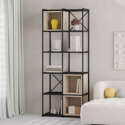 Decortie Modern Vale Midi Bookcase Display Unit 5-Tier Metal Frame 3 Adjustable Shelf 18mm Engineered Wood (Black Wood, Sandstone) - image 1